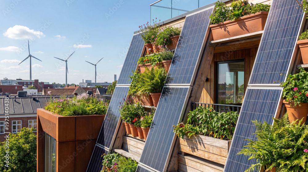 Edificio rehabilitado energéticamente con paneles solares instalados en la fachada