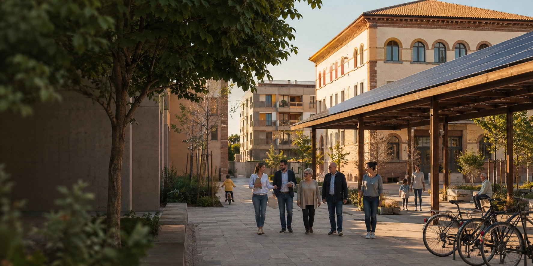 Espacio urbano con paneles solares y vecinos en un proyecto de vivienda y energía para ayuntamientos