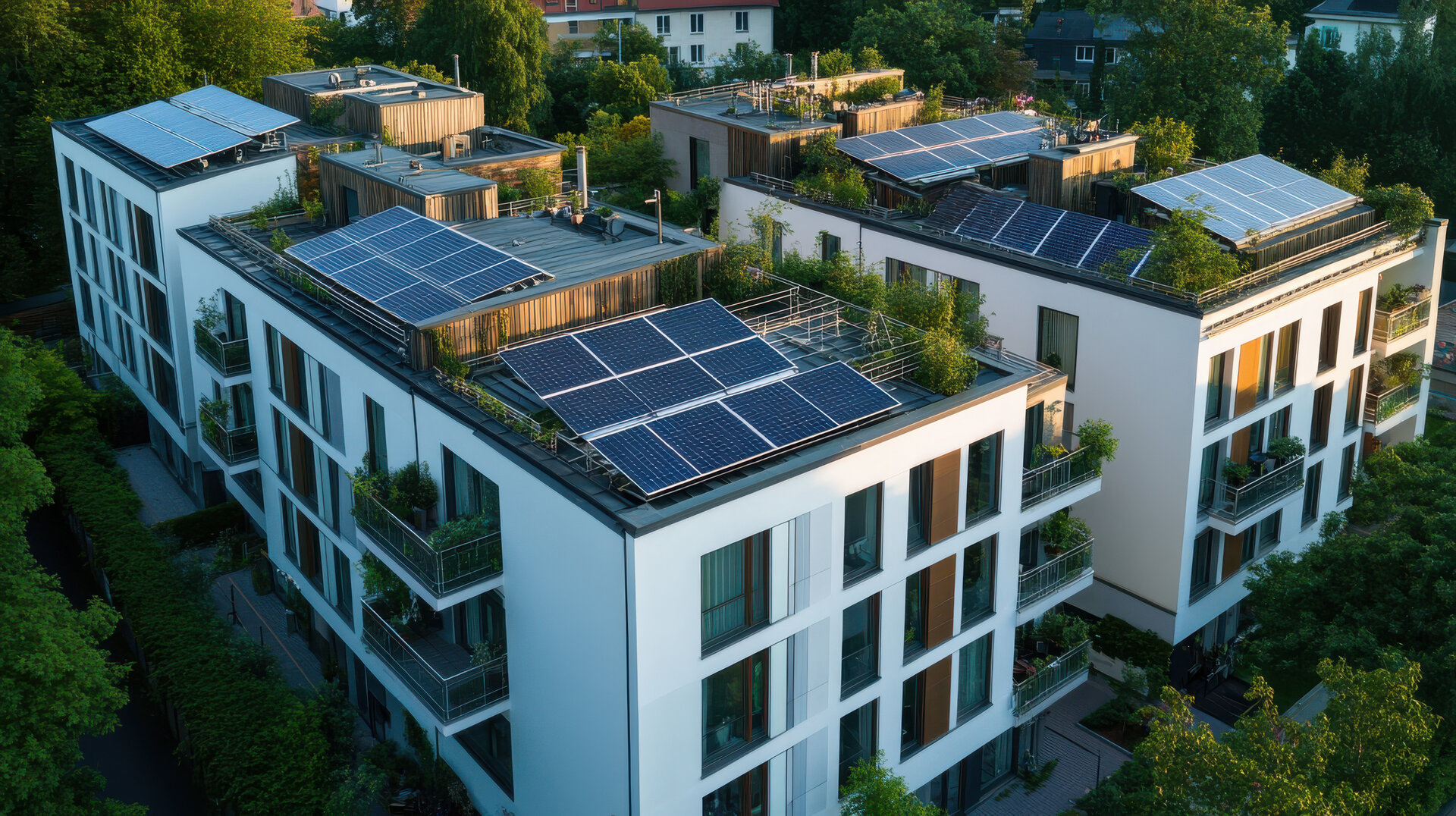 Edificios residenciales con paneles solares en cubierta para autoconsumo compartido y acceso a energía renovable