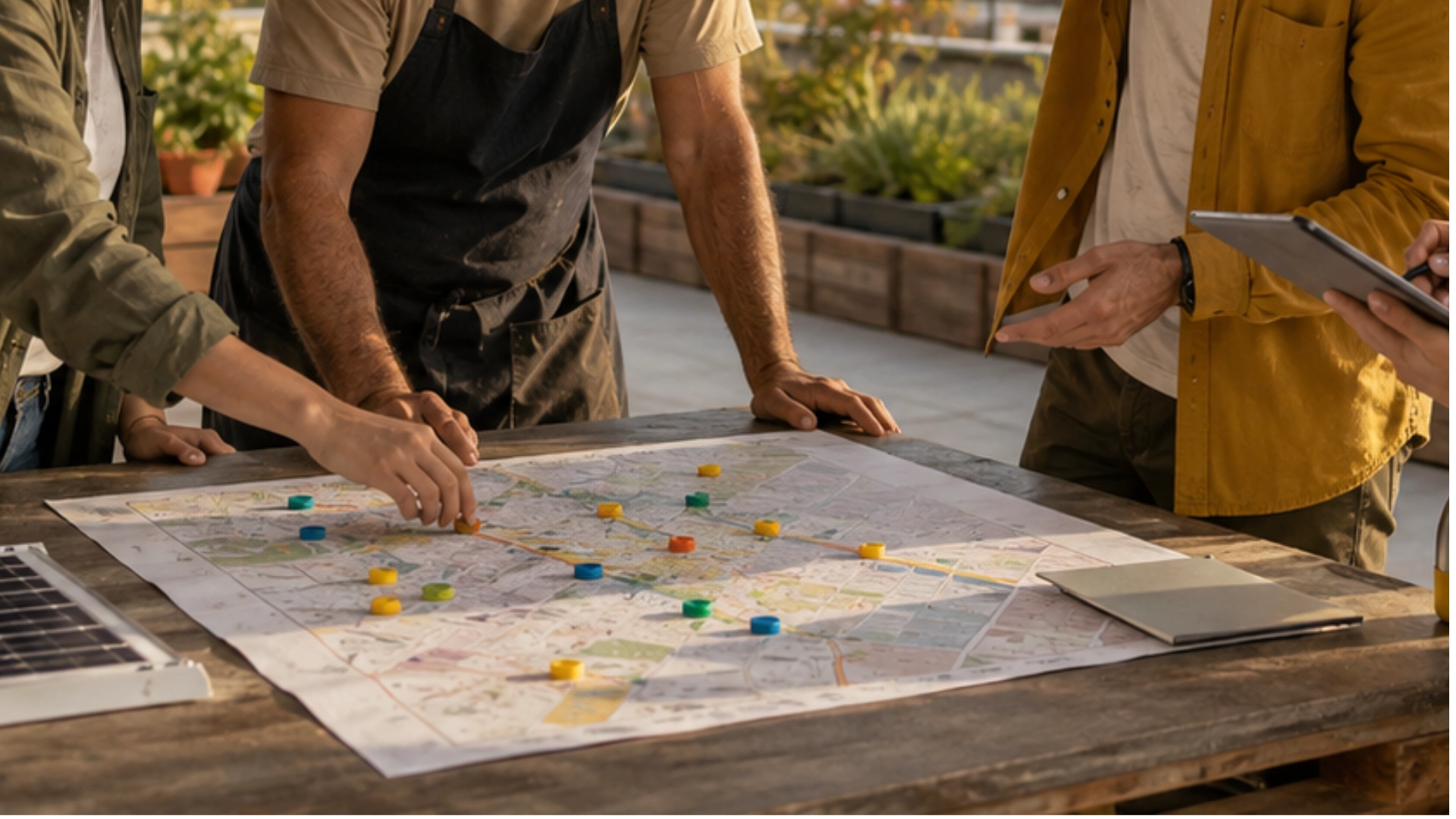 Personas planificando de forma colaborativa un proyecto de comunidad energética sobre un mapa