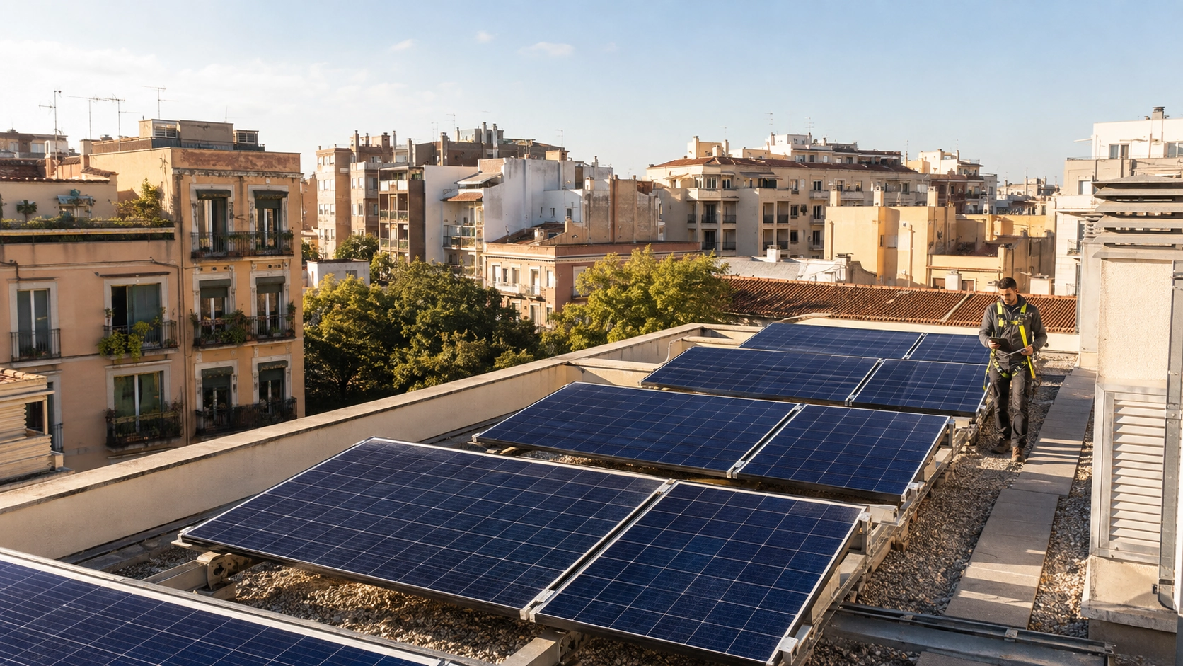 Paneles solares instalados en la cubierta de un edificio para producir energía renovable de proximidad