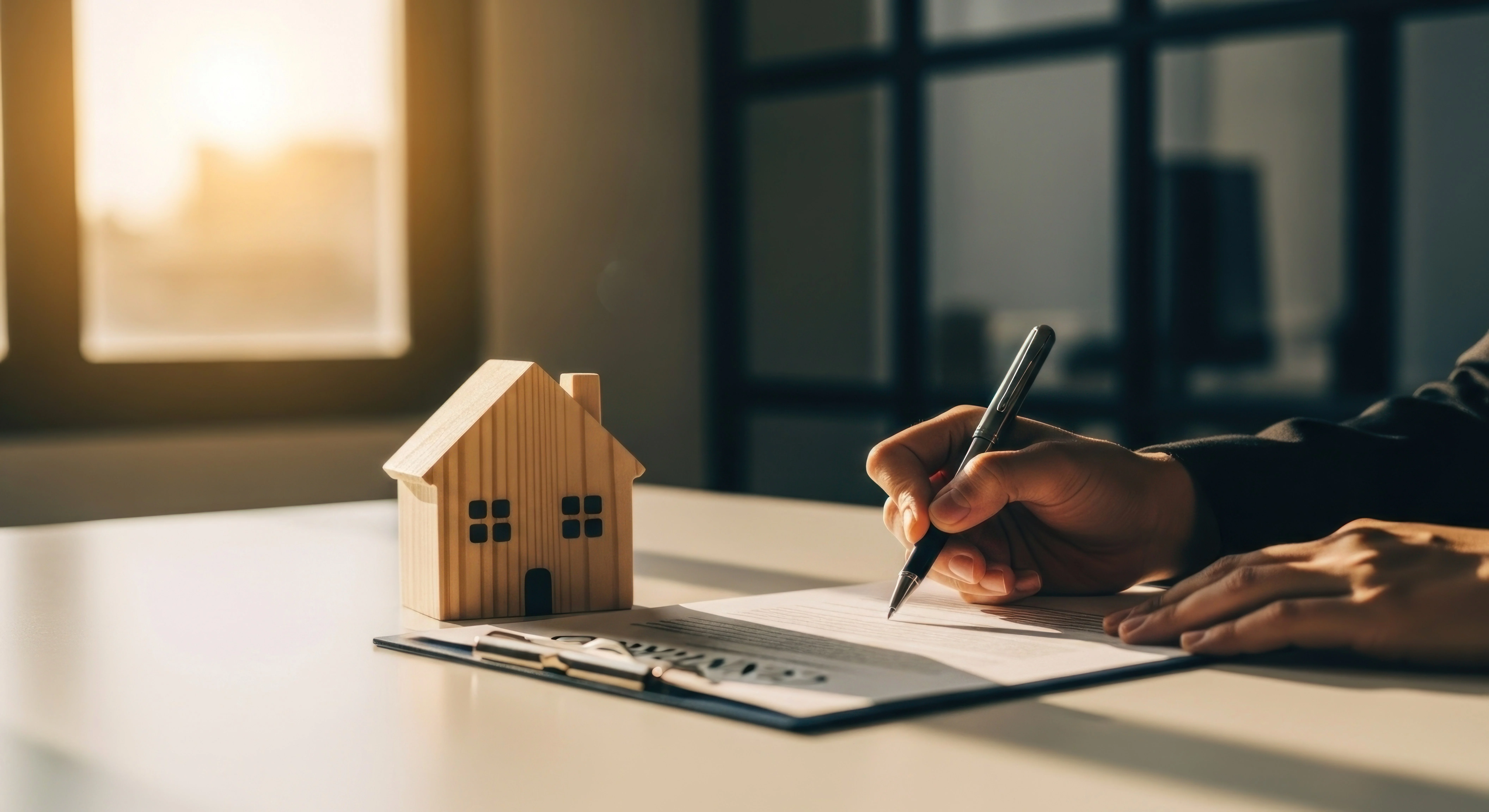 Persona firmando documentación junto a una maqueta de vivienda para un proyecto de acceso a vivienda