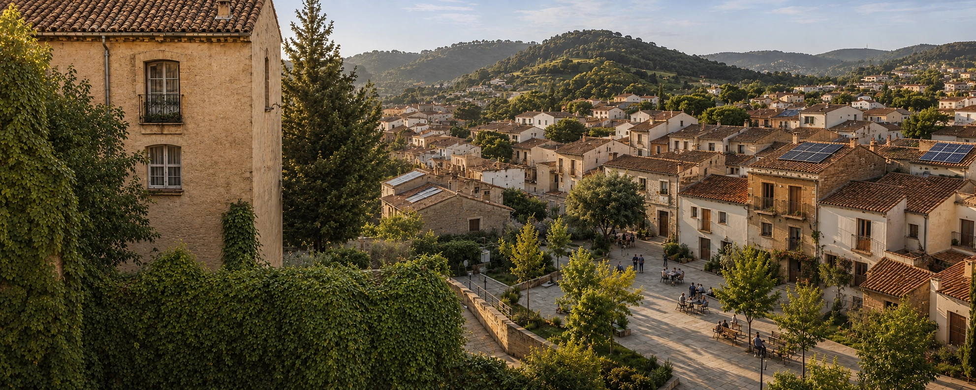 Vista de un entorno residencial con paneles solares y espacios comunitarios vinculados a vivienda, rehabilitación y energía sostenible